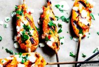 Honey Harissa Chicken Skewers with Garlic-Mint Sauce