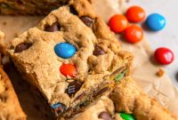 Chewy Monster Cookie Bars Recipe with Chocolate Chips and M&Ms