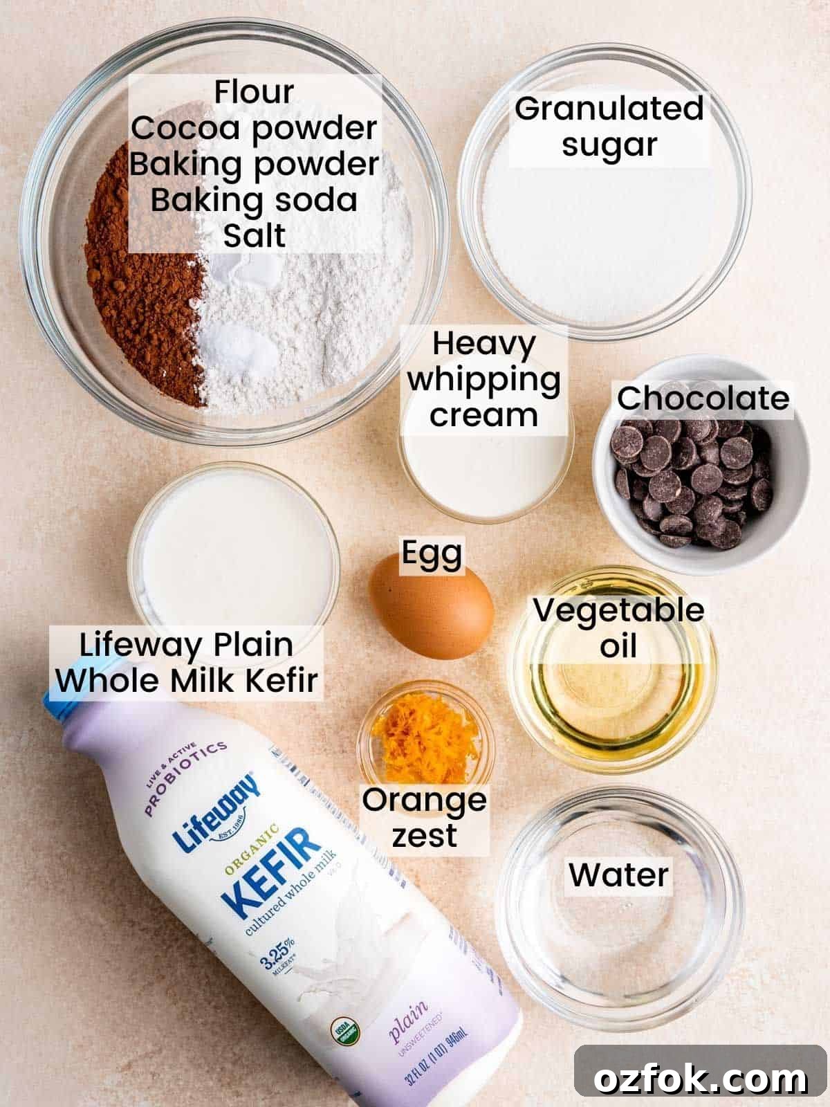 Ingredients needed to make orange chocolate cake with ganache frosting.