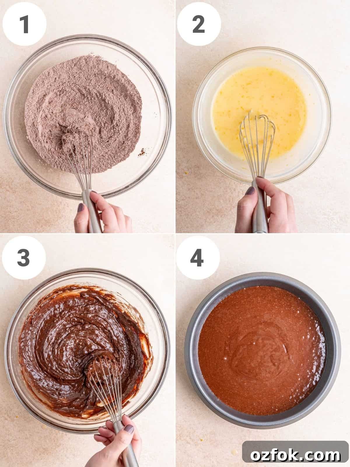Step by step instructions showing how to make chocolate cake with orange zest.