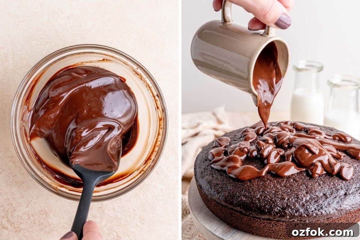 Chocolate ganache being made in a clear bowl (left) and then it being poured on a cake (right).