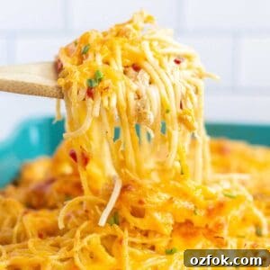 Creamy Rotel Chicken Spaghetti with Velveeta Cheese 11 Rotel chicken spaghetti being scooped out of a baking dish by a wooden spoon.