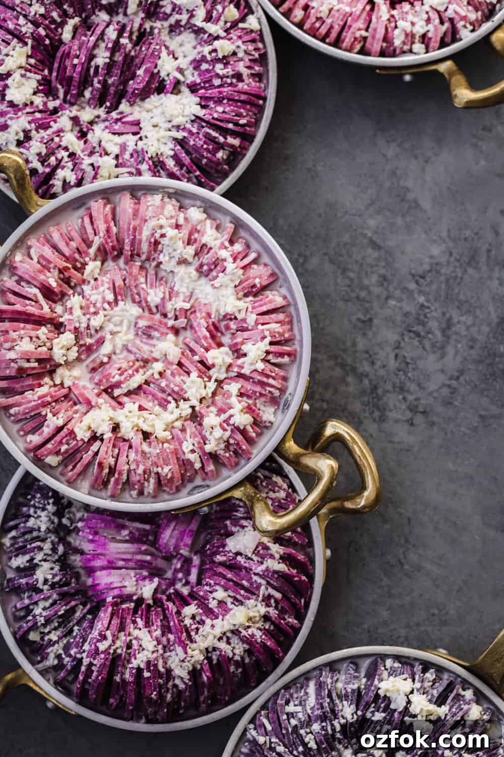 Crispy Hasselback Potato Gratin: Creamy Layered Comfort Dish 4 5 mini pink and purple root vegetable hasselback gratin's.