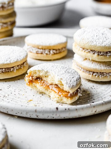 Alfajores de maicena on a white speckled plate.