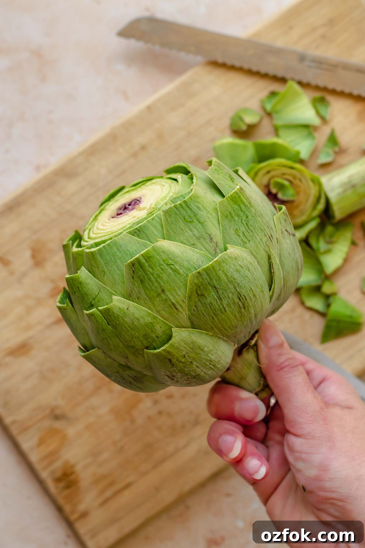 Grilled Marinated Artichokes with Lemon Aioli Recipe 5 A hand holds a prepared artichoke.