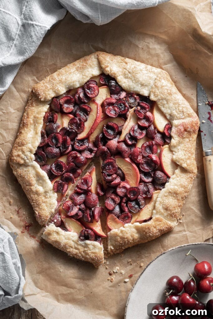 Peach and Cherry Galette Recipe with Flaky Golden Crust 2 Open face galette filled with cherries and peaches.