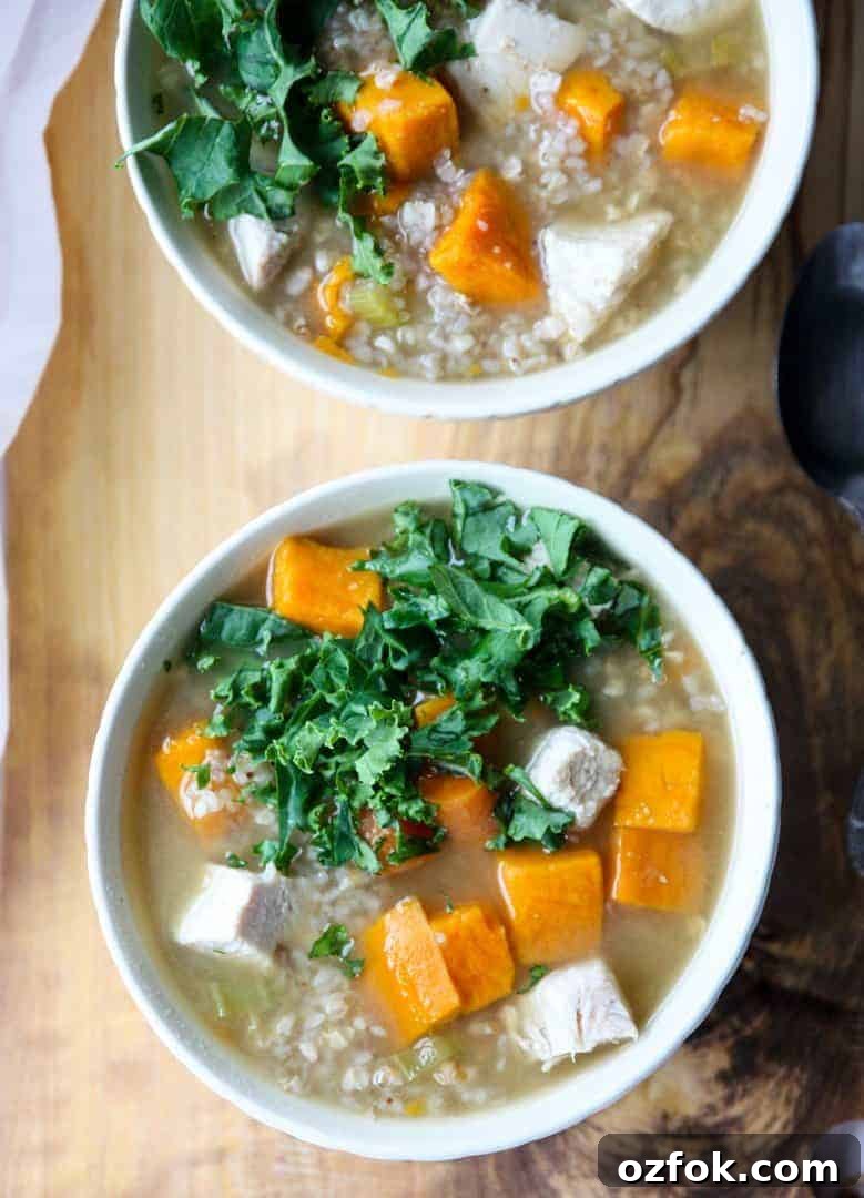 Turkey, Sweet Potato & Kale Buckwheat Soup Recipe 3 Two bowls of soup on a table