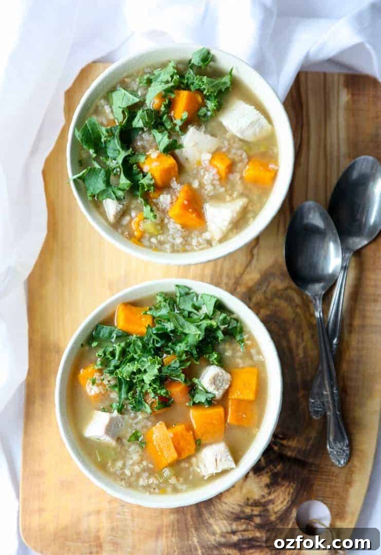 Turkey, Sweet Potato & Kale Buckwheat Soup Recipe 4 Two bowls of turkey buckwheat soup with kale and sweet potatoes