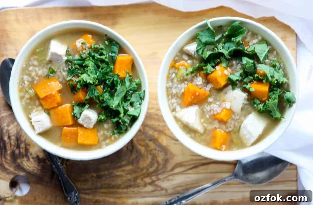 Turkey, Sweet Potato & Kale Buckwheat Soup Recipe 9 A bowl of buckwheat soup on a table