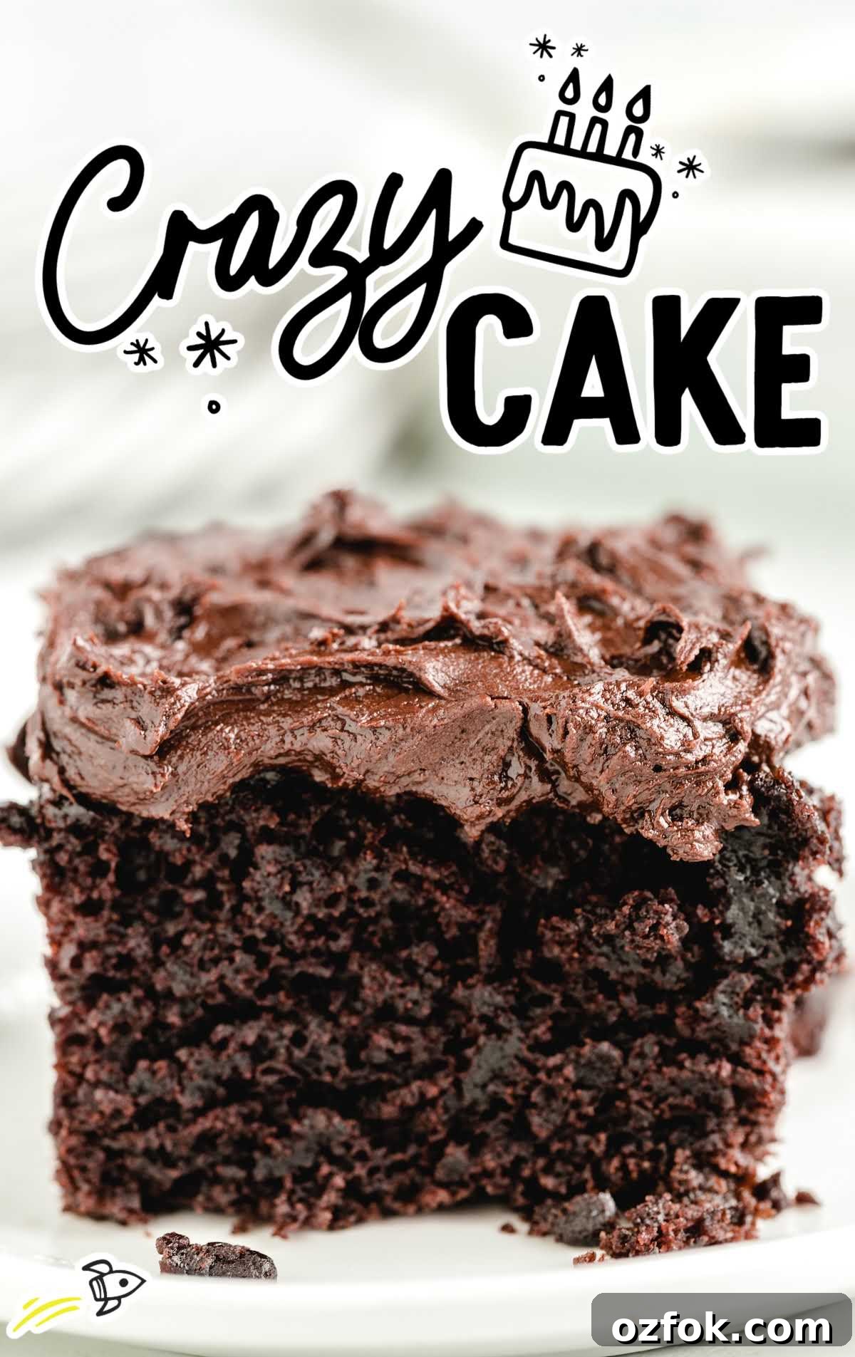 Unfrosted Crazy Cake Recipe — No Eggs, Milk, or Butter Needed 2 close up shot of a slice of frosted chocolate cake on a plate
