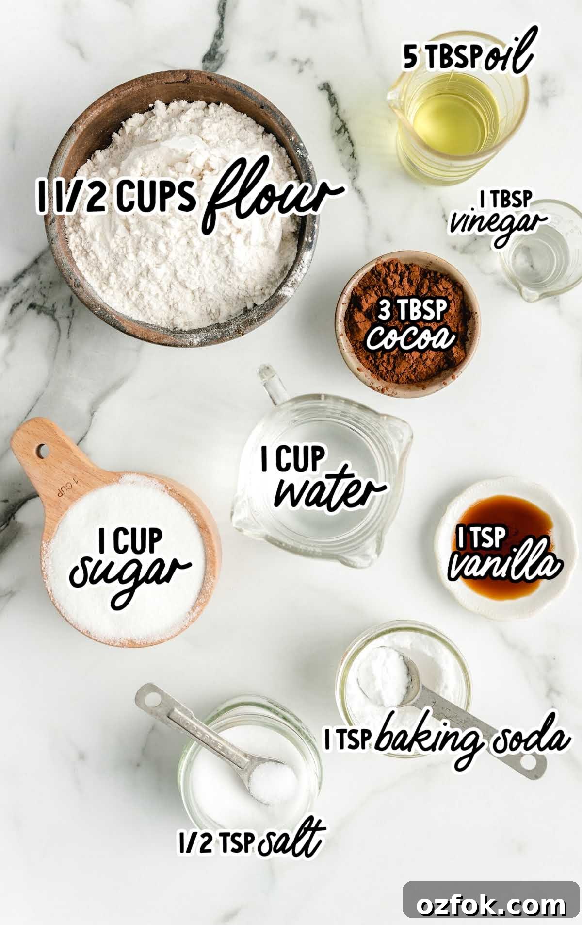 Unfrosted Crazy Cake Recipe — No Eggs, Milk, or Butter Needed 3 Crazy Cake raw ingredients that are labeled
