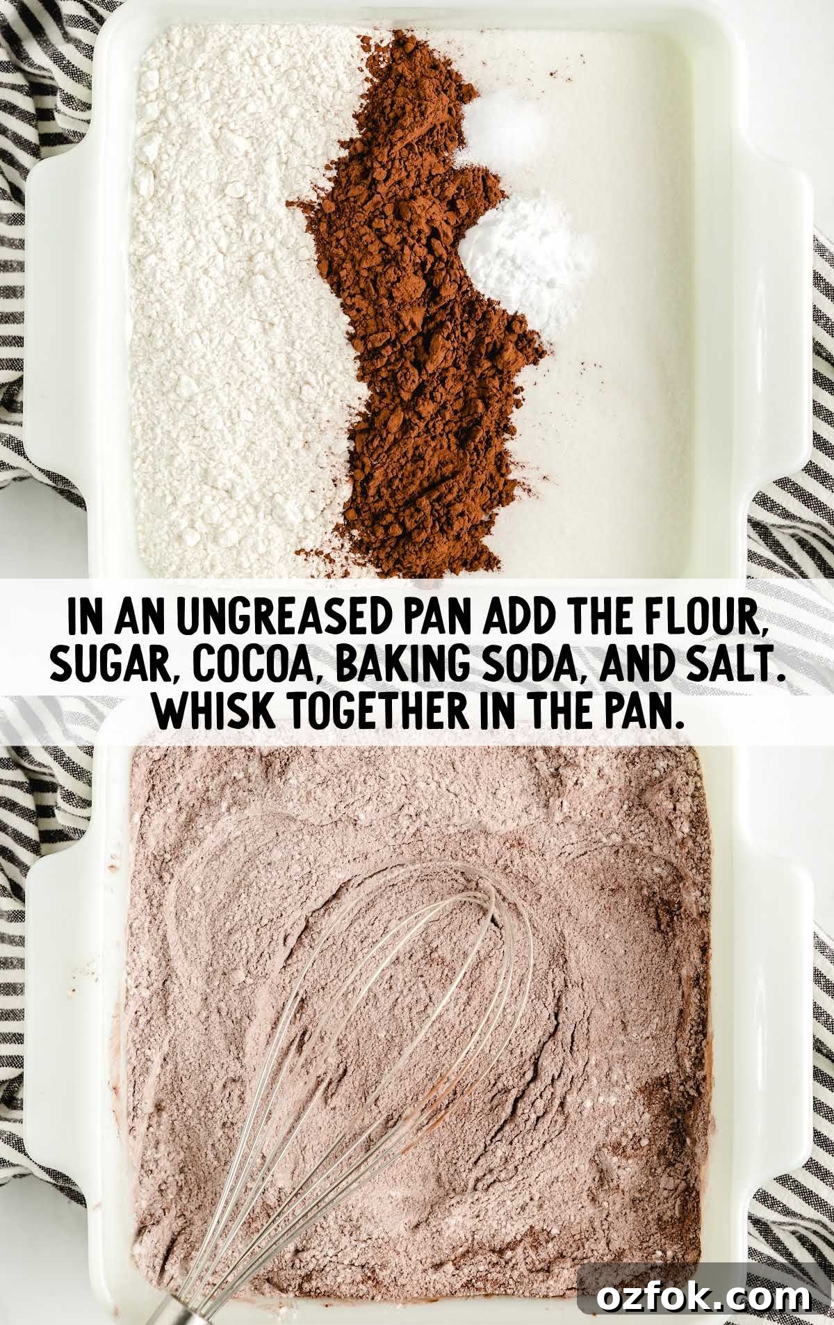 Unfrosted Crazy Cake Recipe — No Eggs, Milk, or Butter Needed 4 flour, sugar, cocoa, baking soda, and salt whisked together