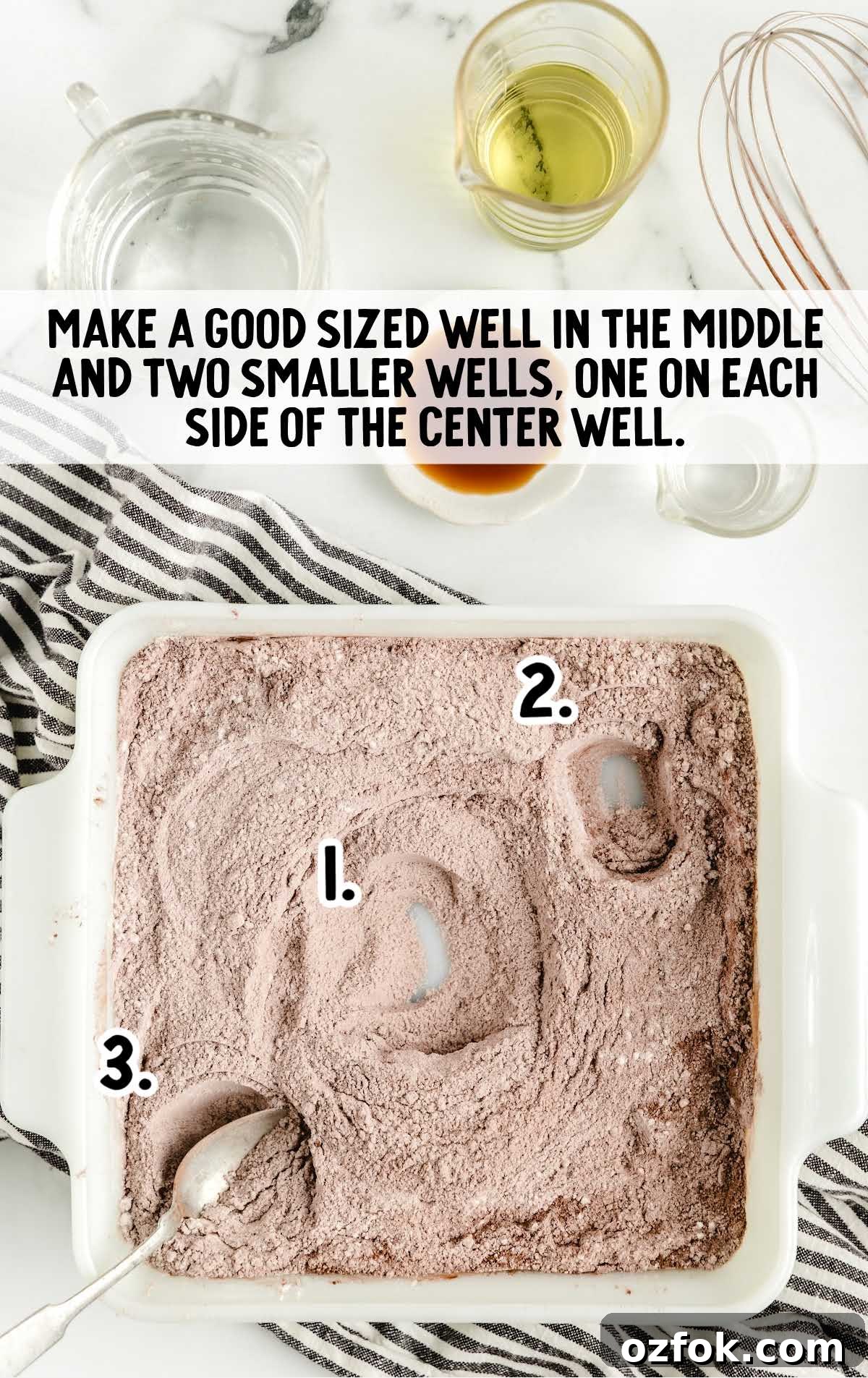 Unfrosted Crazy Cake Recipe — No Eggs, Milk, or Butter Needed 5 wells made in the cake batter