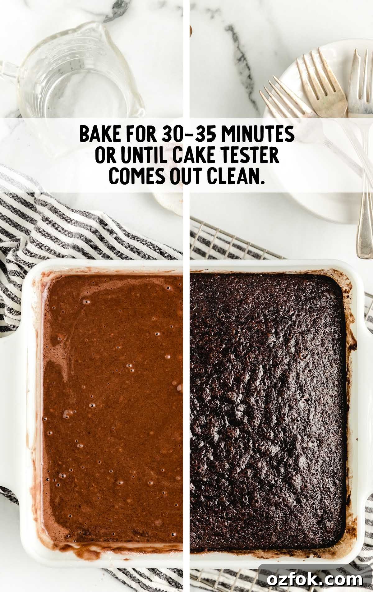 Unfrosted Crazy Cake Recipe — No Eggs, Milk, or Butter Needed 7 cake batter before and after being baked in a cake pan