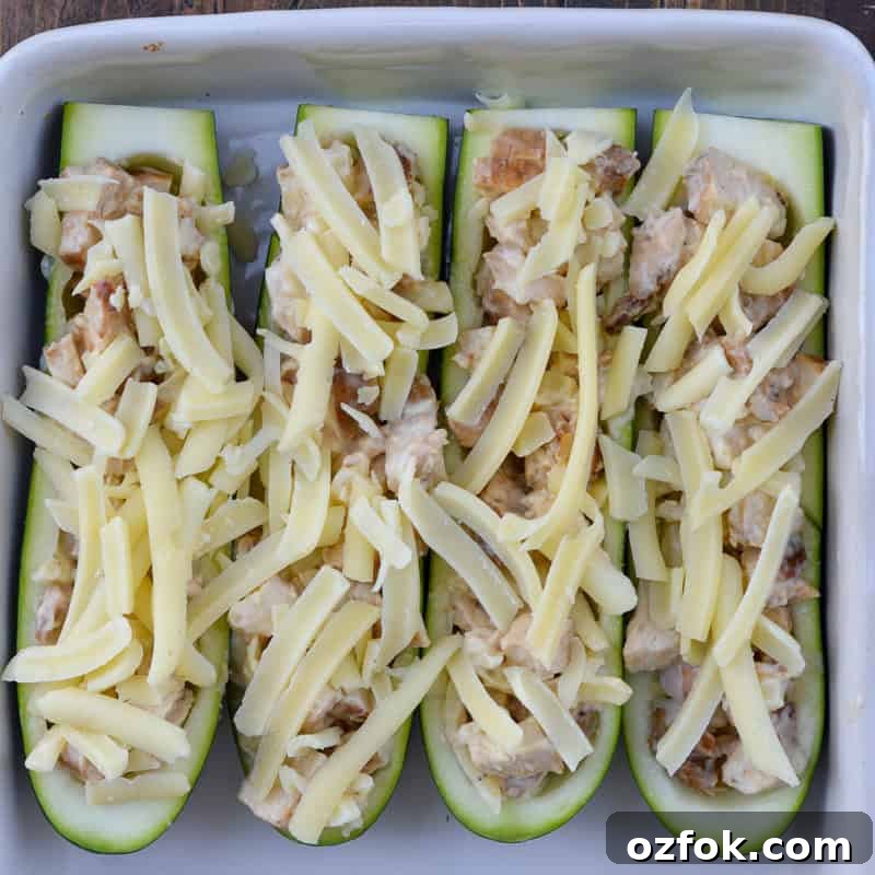 Chicken Alfredo Zucchini Boats Recipe for Low-Carb Dinners 6 Zucchini boats fresh from the oven