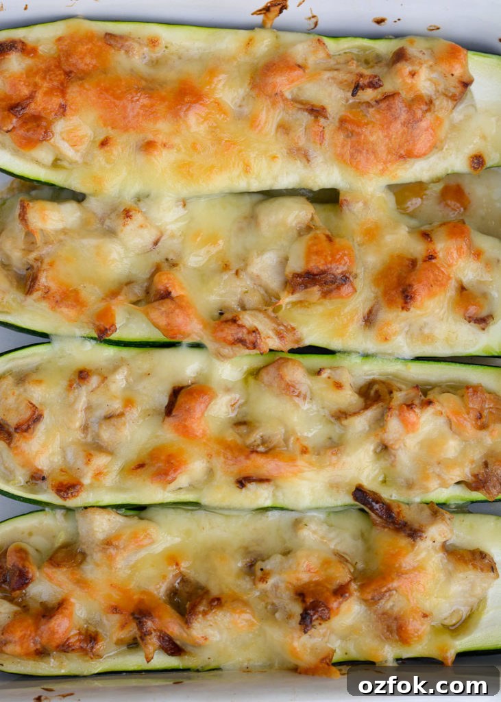 Chicken Alfredo Zucchini Boats Recipe for Low-Carb Dinners 7 Stack of Chicken Alfredo Zucchini Boats