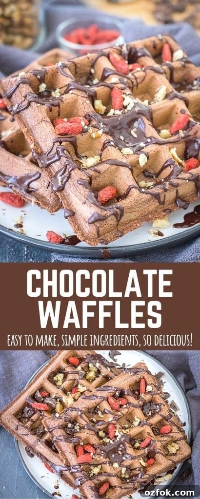 Decadent Chocolate Waffle Recipe for Breakfast or Dessert 8 Chocolate Waffles recipe pin image