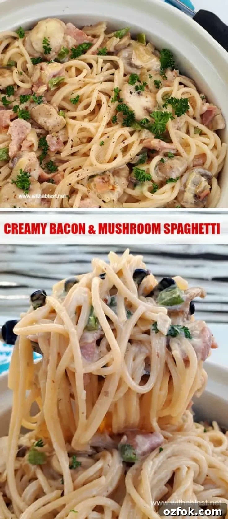 Creamy Bacon and Mushroom Spaghetti - final plate Creamy Bacon and Mushroom Spaghetti - final plate