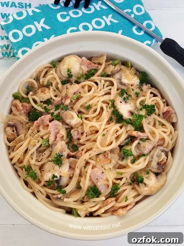 Creamy Bacon and Mushroom Spaghetti Creamy Bacon and Mushroom Spaghetti - plated