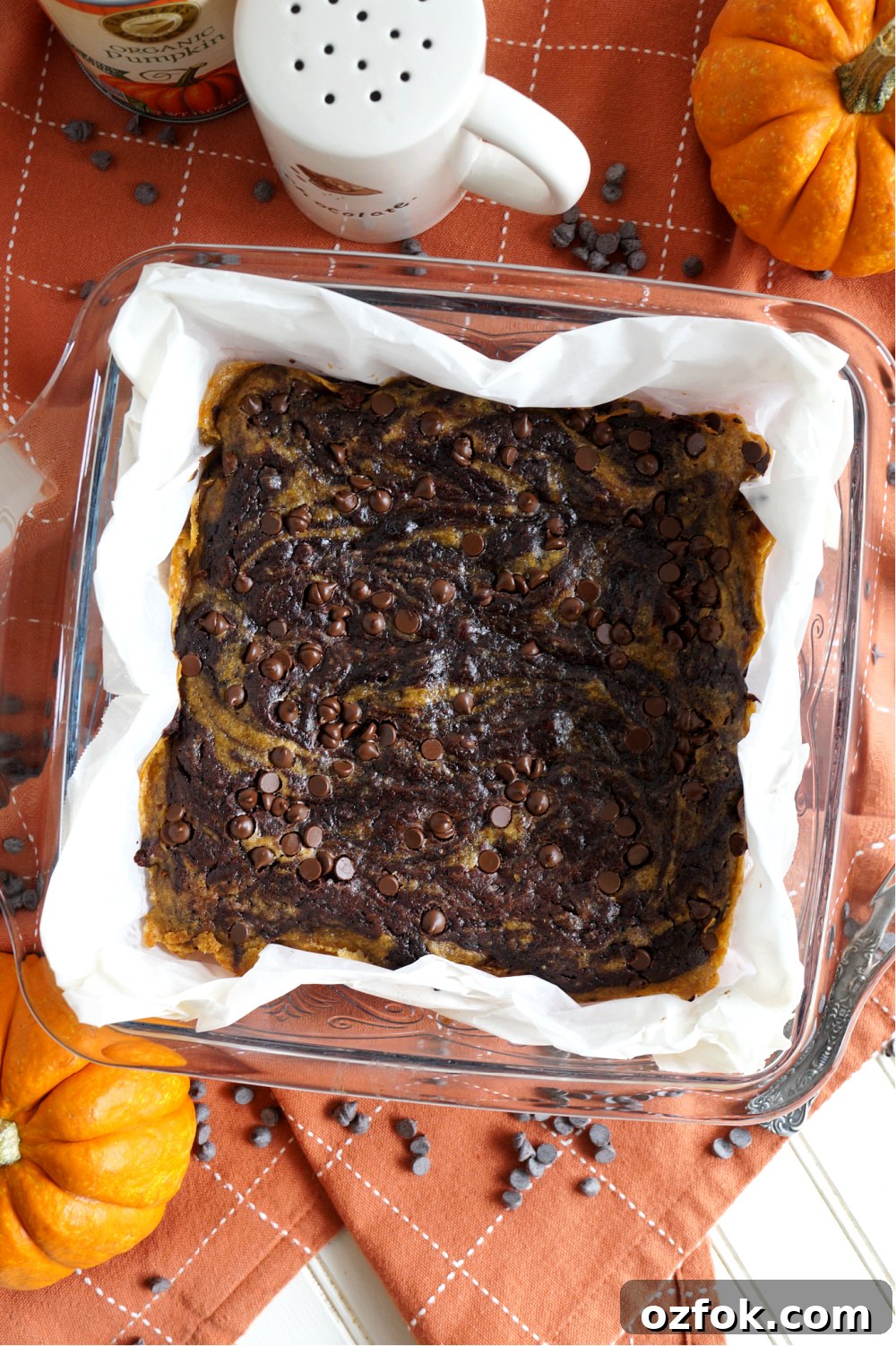 Vegan Pumpkin Swirl Brownies Recipe — Moist & Decadent 4 overhead shot of pan of brownies