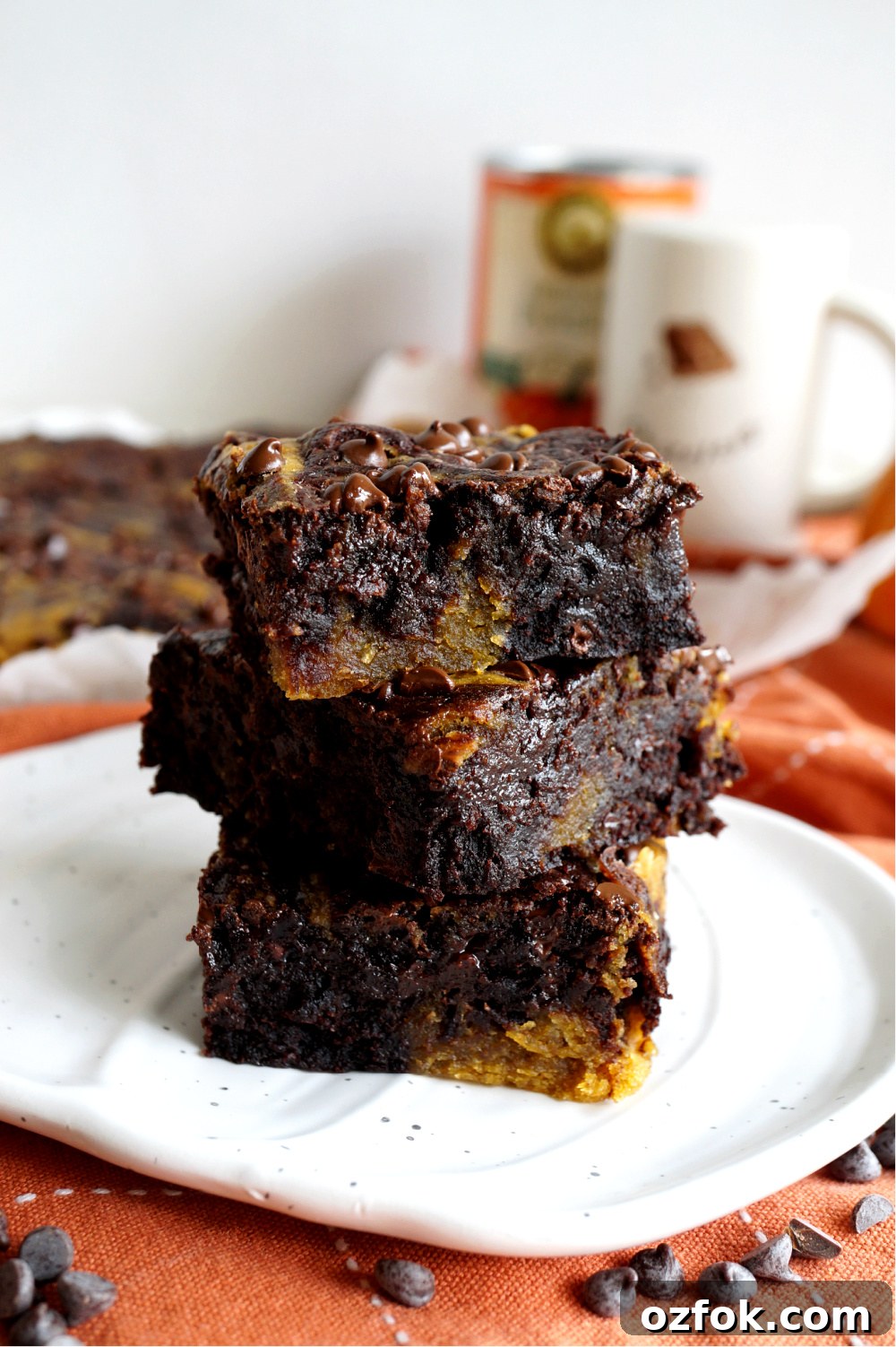 Vegan Pumpkin Swirl Brownies Recipe — Moist & Decadent 6 stack of pumpkin brownies