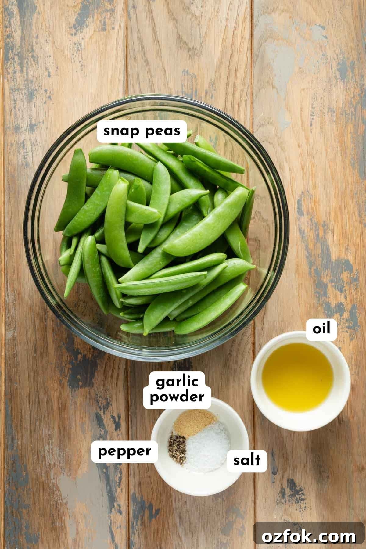 Crispy Air-Fried Snap Peas Recipe (15-Minute Side) 3 Ingredients to make air fried snap peas arranged individually and labeled.