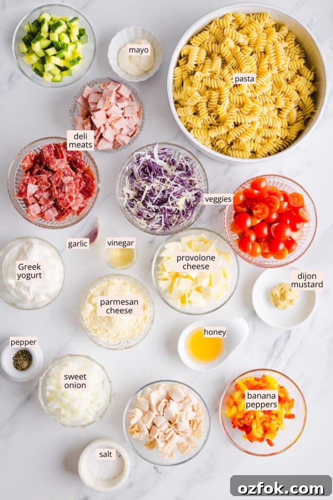 Grinder Pasta Salad Recipe with Italian Meats and Cheese 3 Ingredients for grinder pasta salad on a countertop with labels.