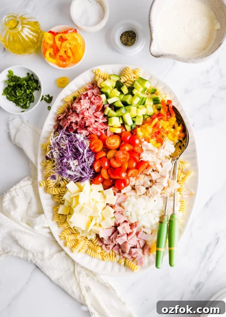Grinder Pasta Salad Recipe with Italian Meats and Cheese 6 Grinder pasta salad ingredients on a plater, not yet mixed.