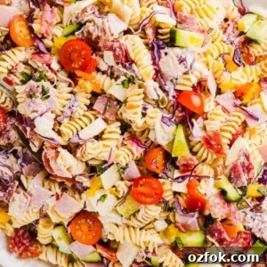 Grinder Pasta Salad Recipe with Italian Meats and Cheese 10 A close up shot of grinder pasta salad.