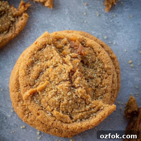 Chewy Gluten-Free Pumpkin Cookies Recipe for Fall Baking 11 A stack of pumpkin cookies with half a cookie on top and crumbs surrounding it. Cookies are on a dark blue and white marbled backdrop and everything is sprinkled with coarse sugar.