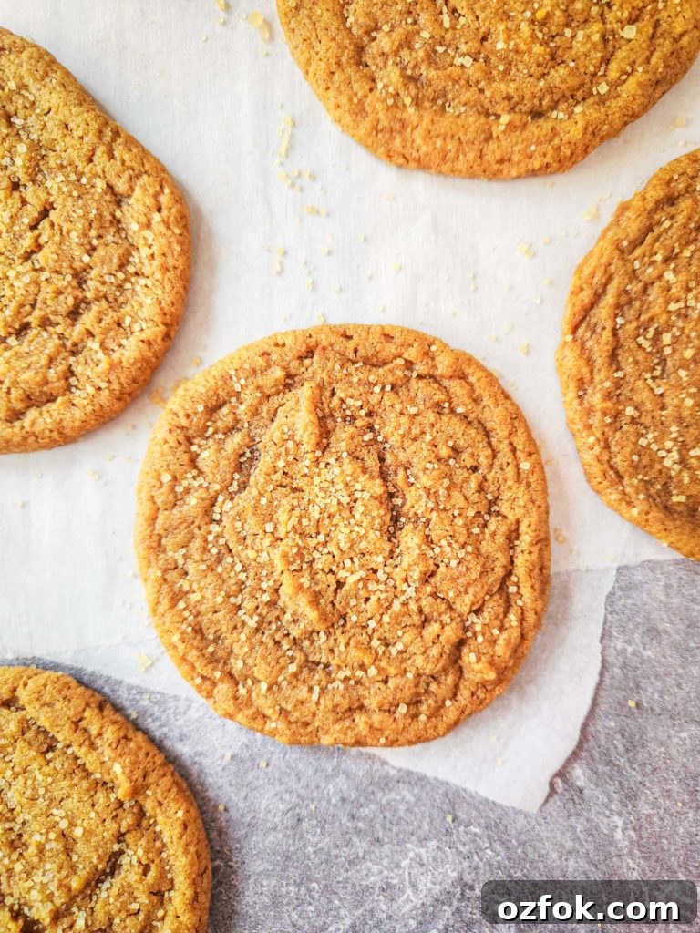 Chewy Gluten-Free Pumpkin Cookies Recipe for Fall Baking 7 Golden brown cookie sits on layers of parchment over a gray and white marbled backdrop. 4 other cookies are partially visible around the edges.