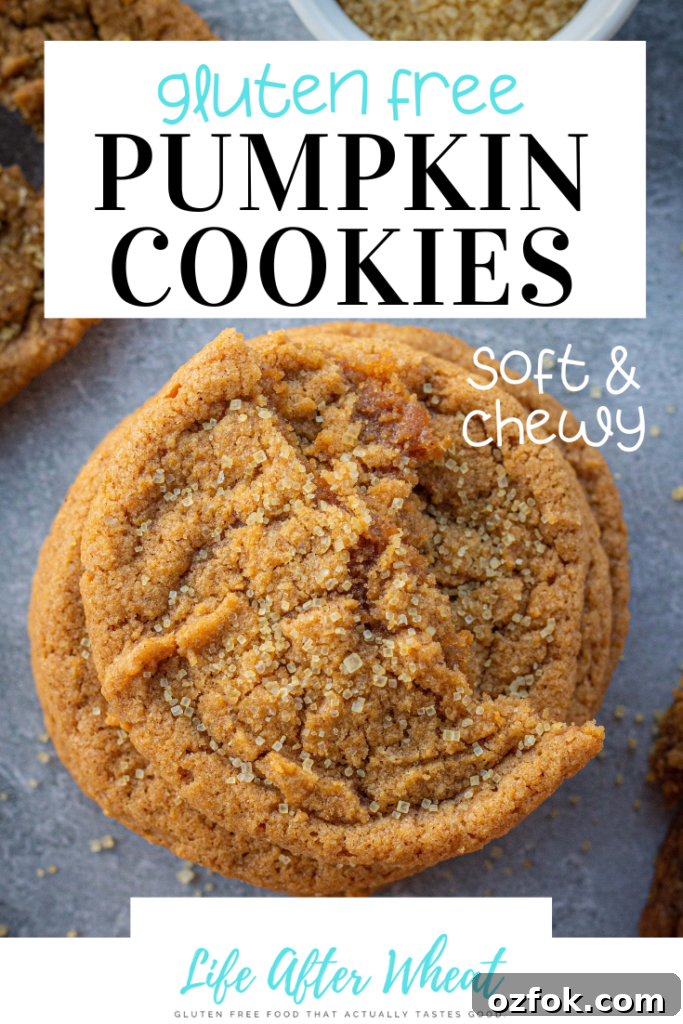 Chewy Gluten-Free Pumpkin Cookies Recipe for Fall Baking 9 A Pinterest-friendly image with the words: Gluten Free Pumpkin Cookies, soft and chewy. A stack of pumpkin cookies with half a cookie on top and crumbs surrounding it. Cookies are on a dark blue and white marbled backdrop and everything is sprinkled with coarse sugar.