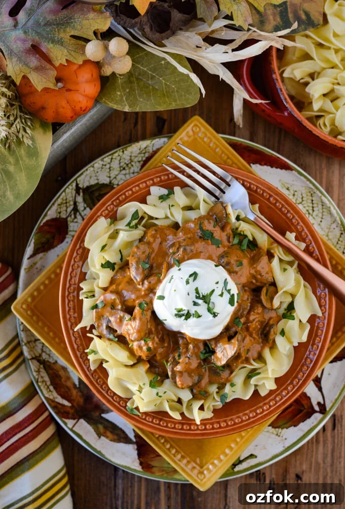 Beef Stroganoff on a bed of buttered egg noodles in fall dinnerware. There is a side dish of noodles and striped napkin.