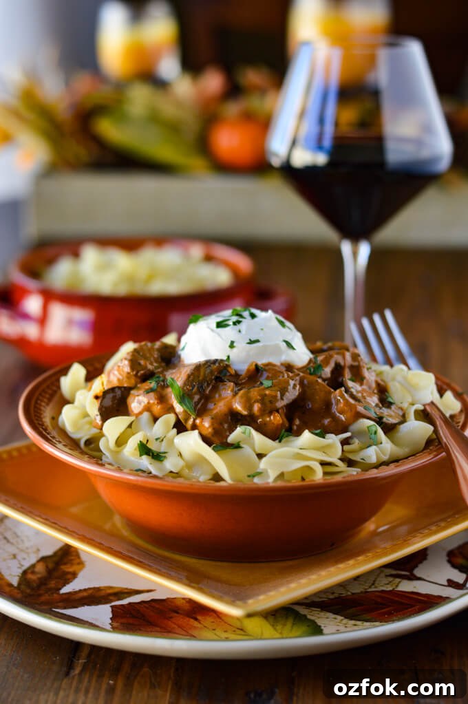 Beef Stroganoff on a bed of buttered egg noodles in fall dinnerware next to a glass of wine. There is a side dish of noodles.