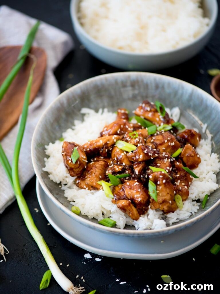 Classic Homemade General Tso's Chicken Recipe for Dinner 2 A whole green onion laying next to a bowl of General Tso Chicken and rice.