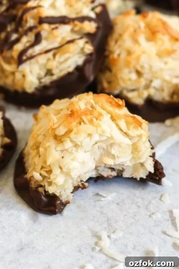 Coconut macaroon cookie with a bite taken out of it.