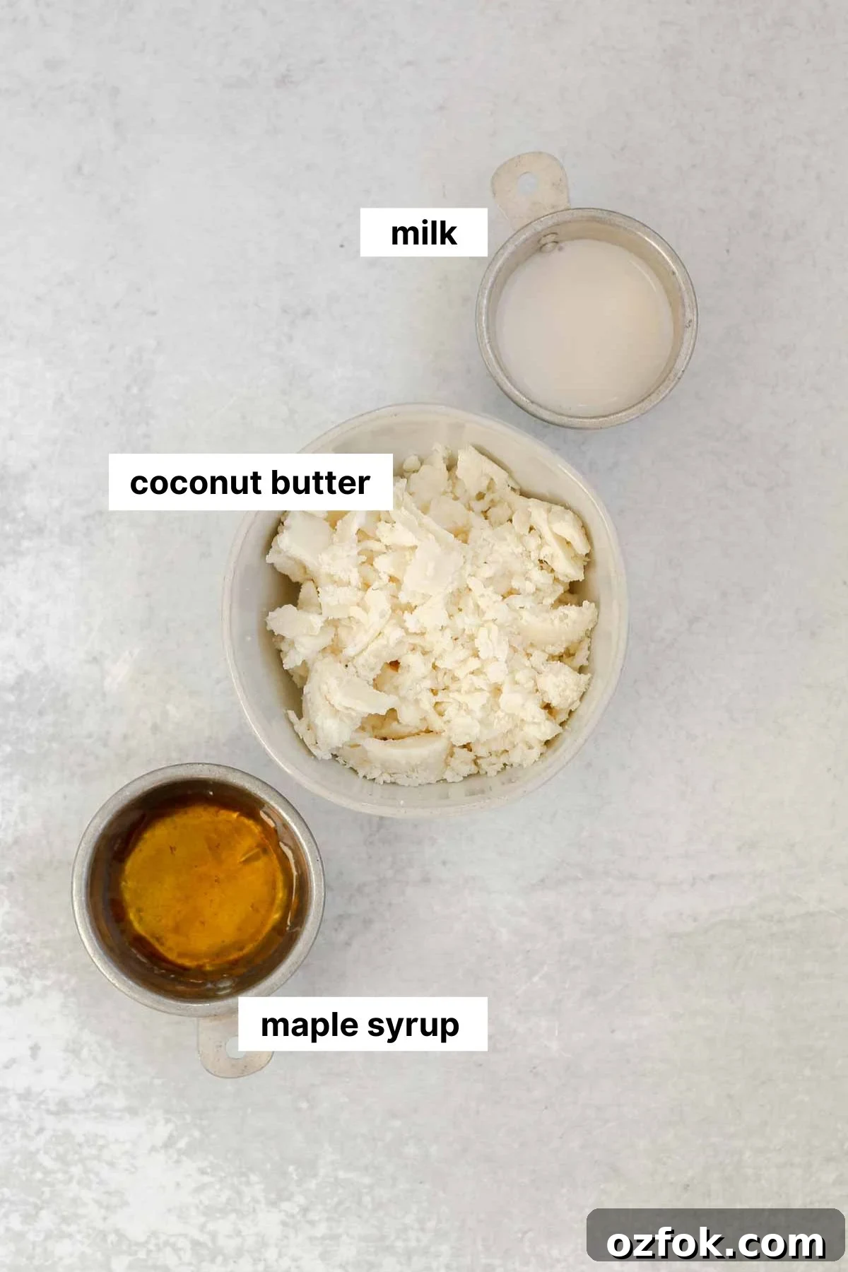 Paleo Coconut Butter Glaze Recipe for Cakes and Donuts 3 Labeled ingredients for coconut butter glaze.