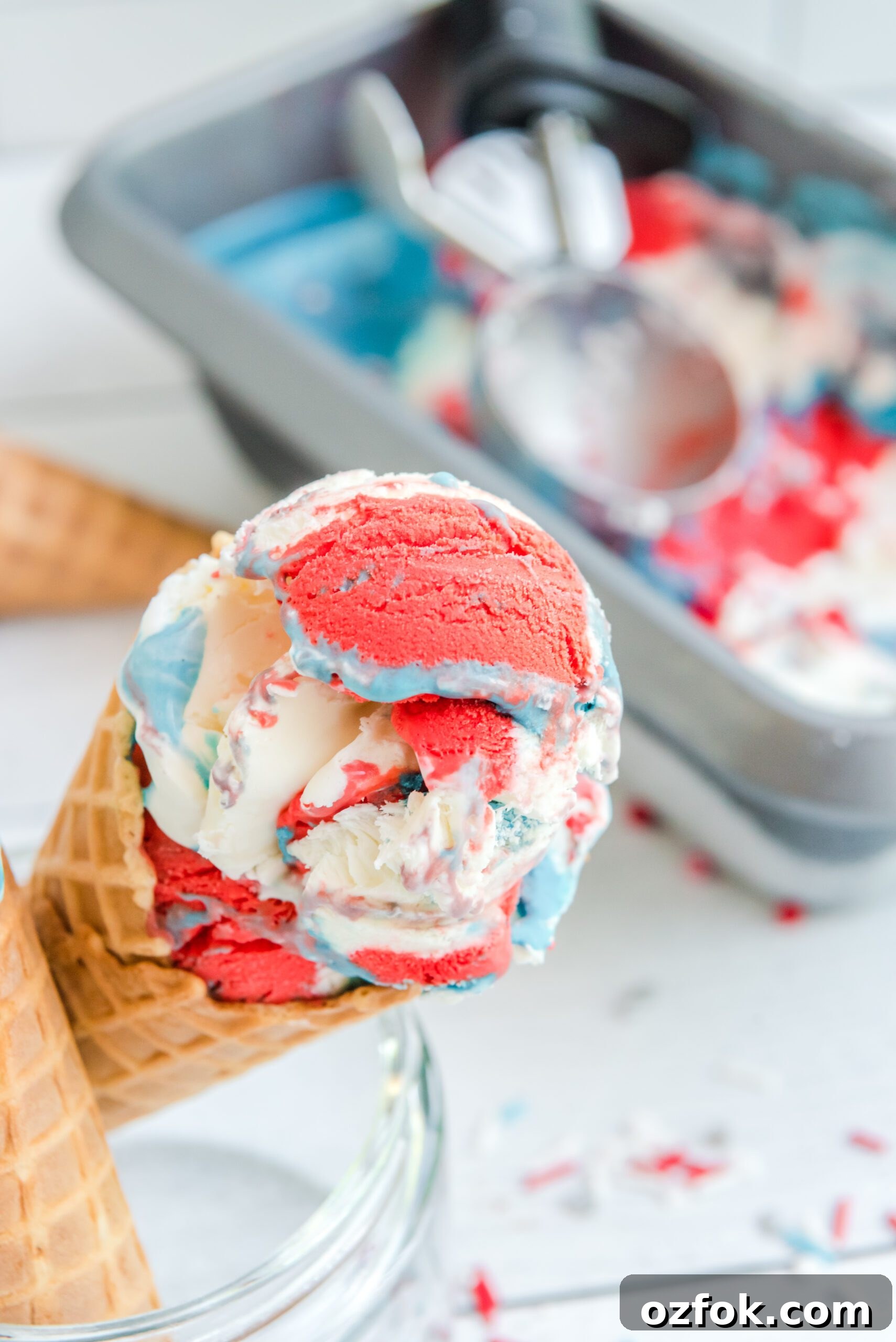 Patriotic Red, White & Blue Ice Cream Recipe for Summer Parties 9 Red, White & Blue Ice Cream in a waffle cone