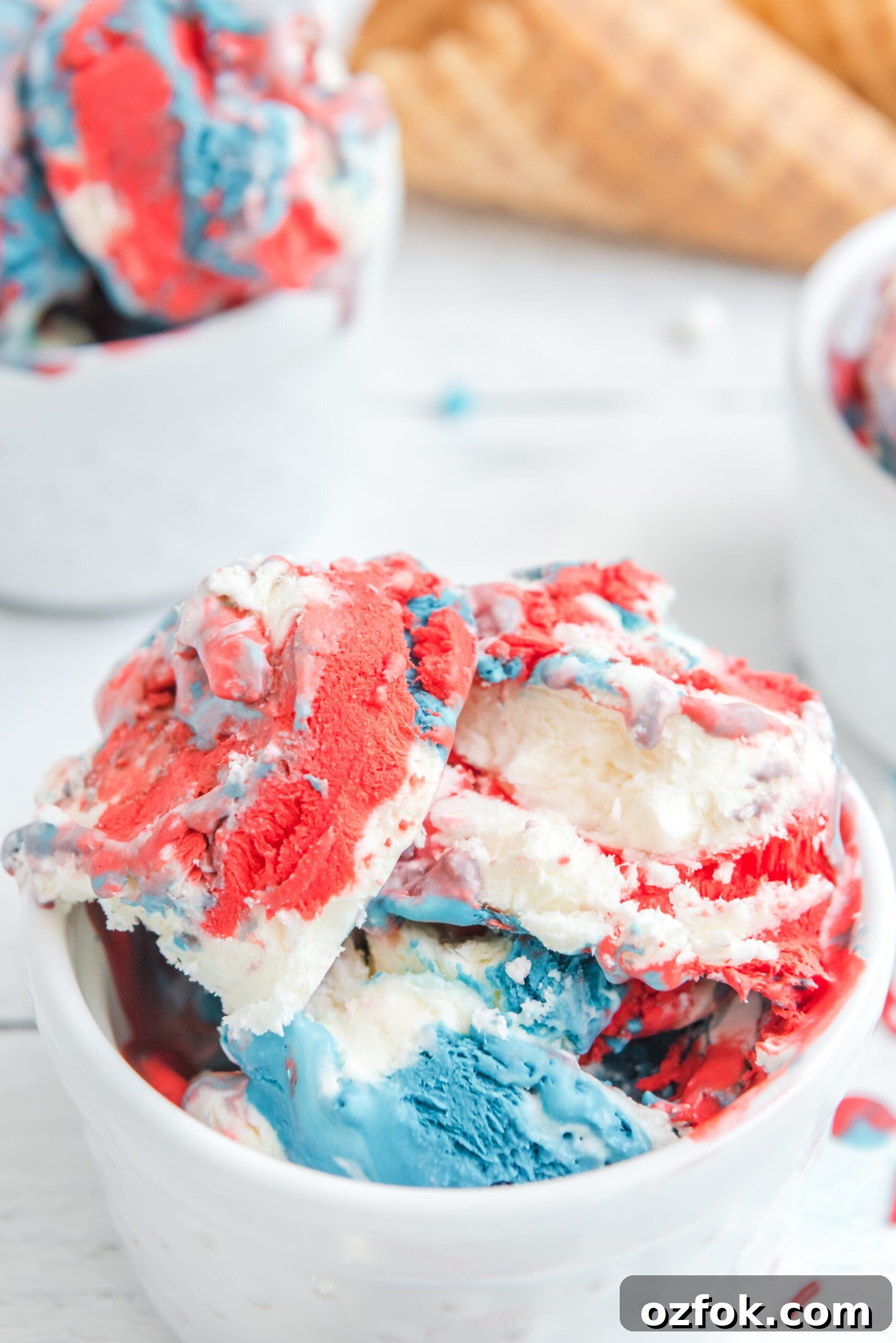 Patriotic Red, White & Blue Ice Cream Recipe for Summer Parties 10 Red, White & Blue Ice Cream in a white bowl