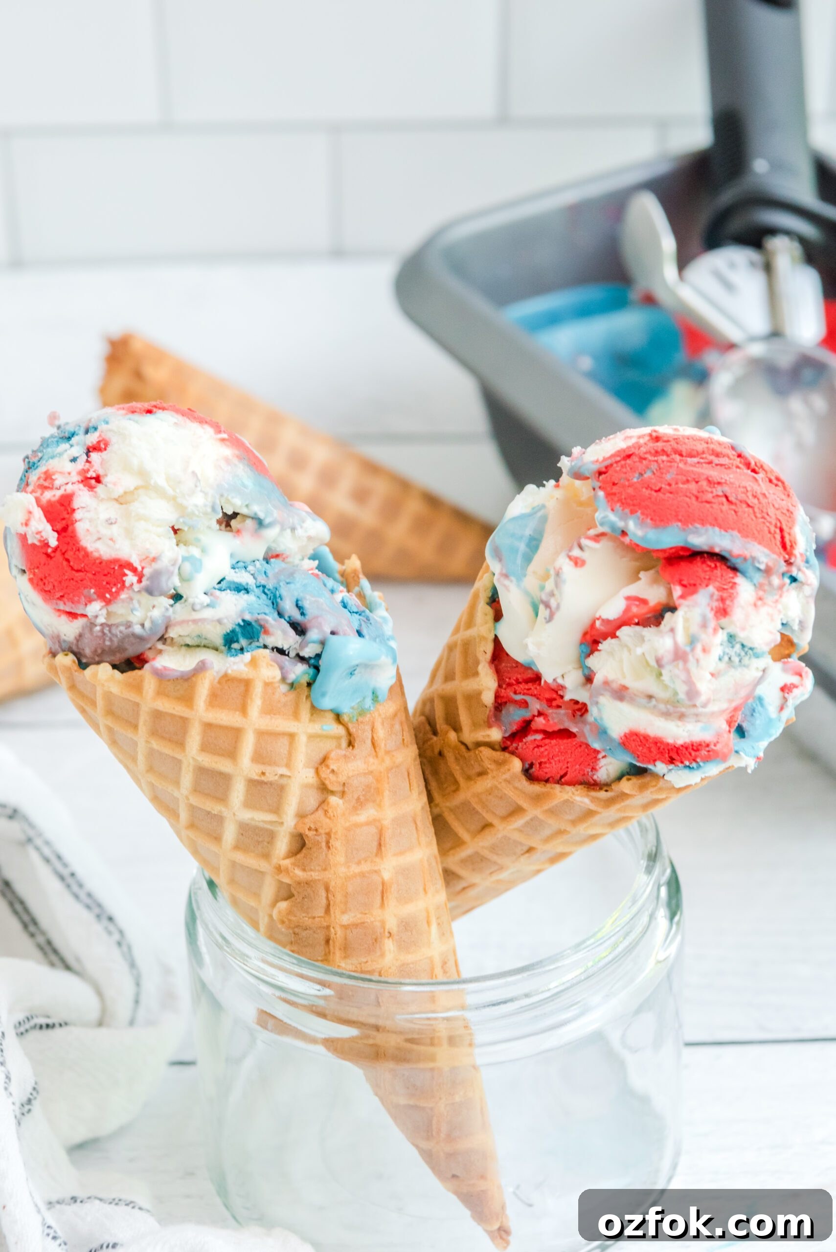 Patriotic Red, White & Blue Ice Cream Recipe for Summer Parties 12 Red, White & Blue Ice Cream in two waffle cones
