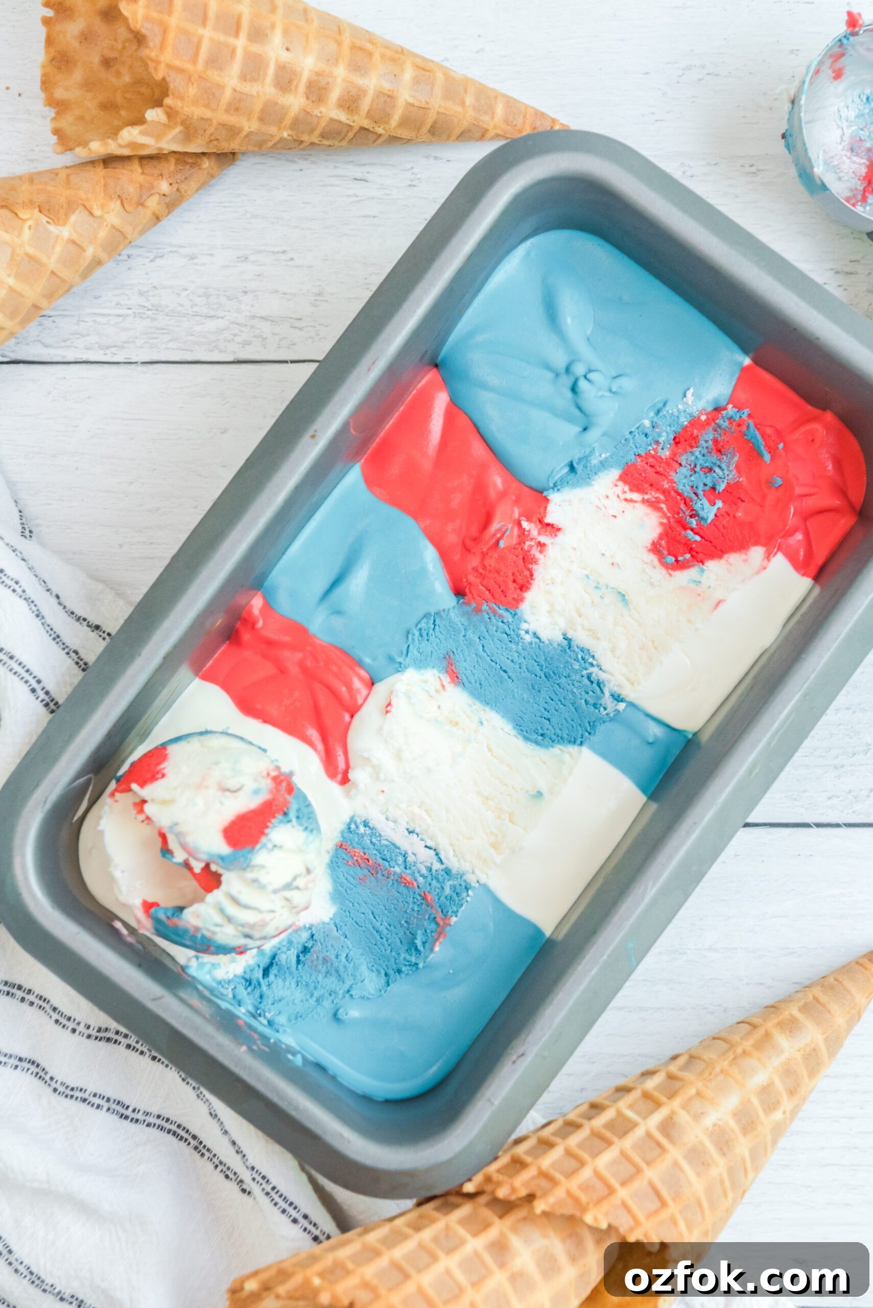 Patriotic Red, White & Blue Ice Cream Recipe for Summer Parties 6 Red, White & Blue Ice Cream in a ice cream tin pan unscooped