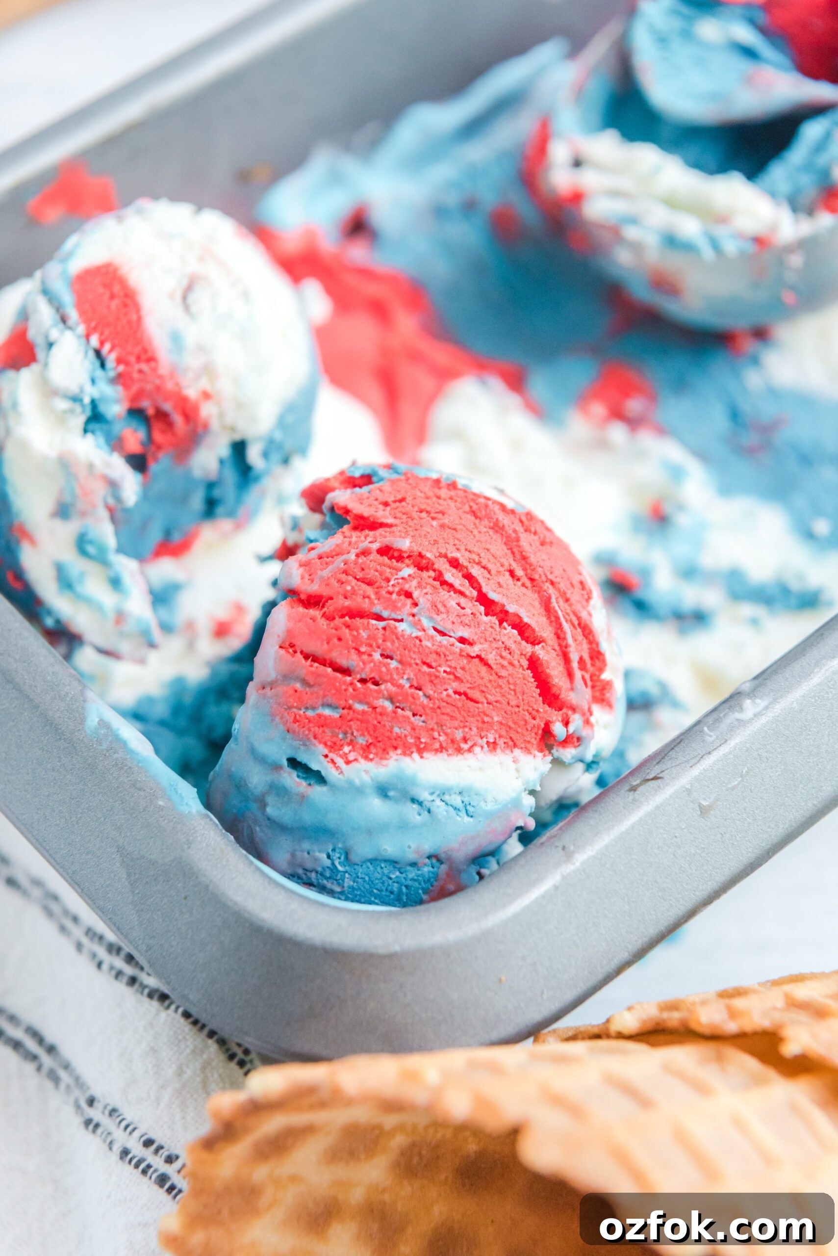 Patriotic Red, White & Blue Ice Cream Recipe for Summer Parties 7 Red, White & Blue Ice Cream in a ice cream tin pan from the side