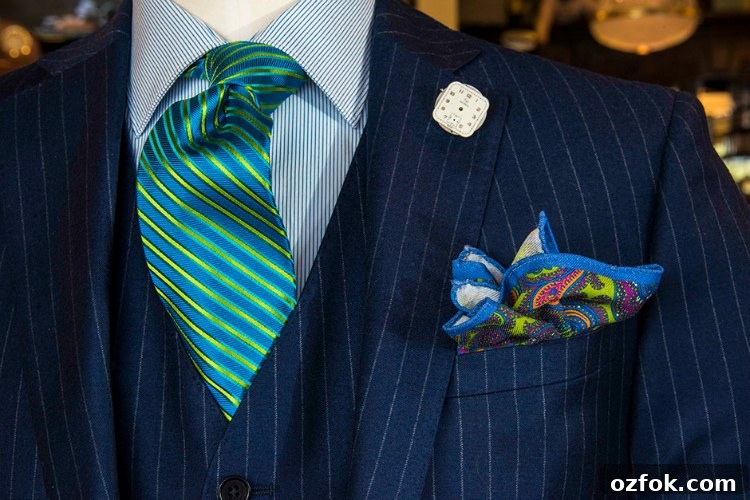 A blue pinstriped suit on a mannequin with blue, yellow and green striped neck tie, paisley, handkerchief and watch lapel pin.