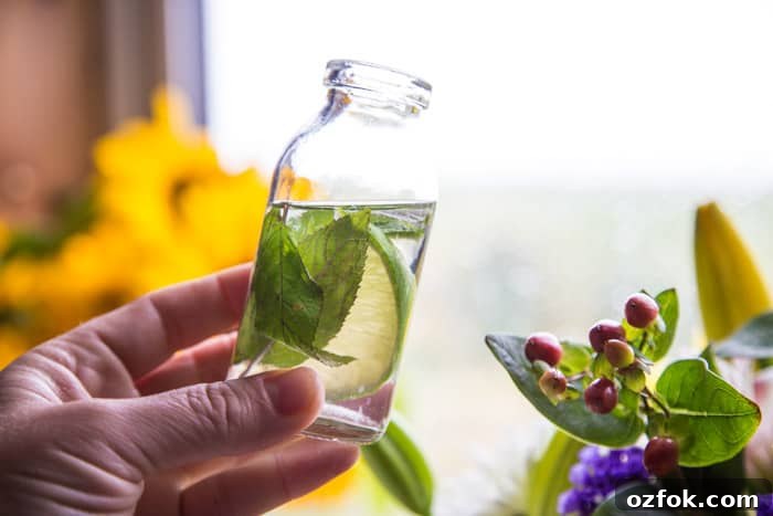 Mojito Fruit Salad Dressing Recipe: Fresh Lime & Mint Vinaigrette 6 Mojito Fruit Salad Dressing held in a small glass bottle with flowers behind