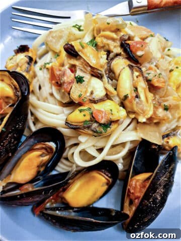 Closeup of plate of fresh mussels with pasta in a spicy tomato sauce.