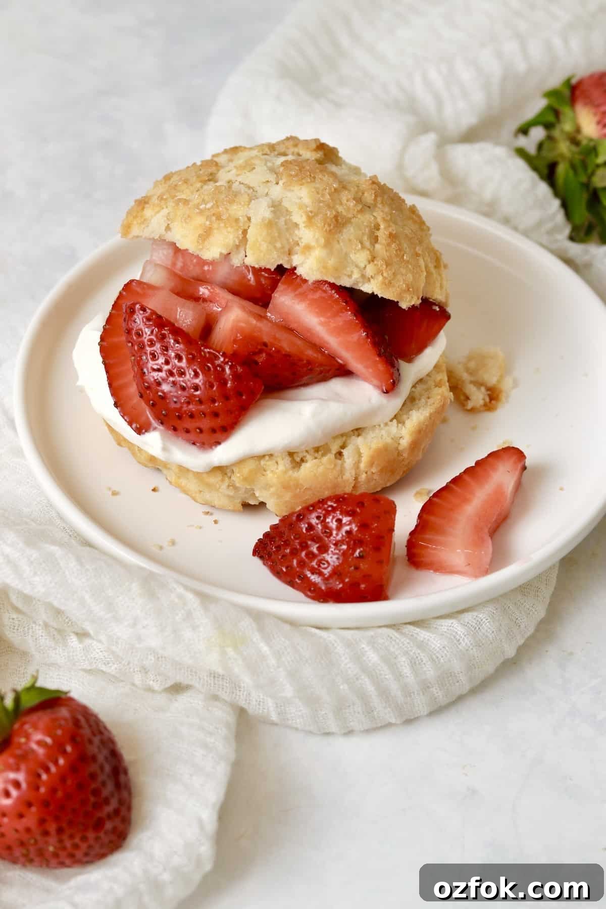 Strawberry Shortcake for Two: Individual Single-Serve Recipe 2 Single serve strawberry shortcake with a biscuit, whipped cream, and fresh strawberries.