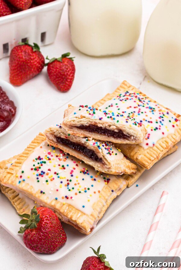 Golden crusted pie crusts, cut into rectangles, filled with strawberry jam, and topped with white icing and sprinkles, on a white rectangle plate.
