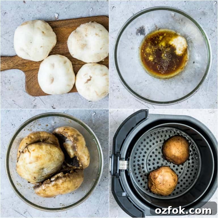 Garlic Mushroom Steak Recipe — Air Fryer & Grill (Vegan, Keto) 3 image collage showing the steps for making air fryer mushroom steaks