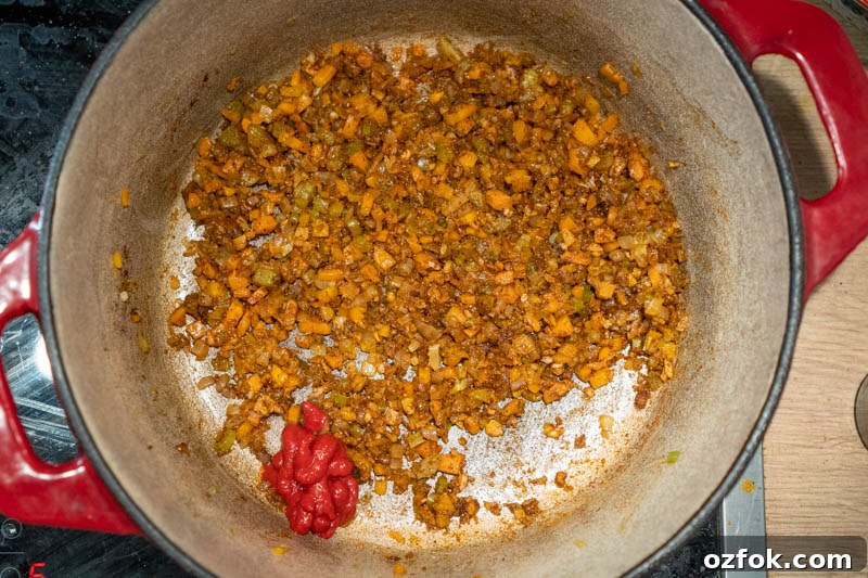 Moroccan Spiced Vegetarian Harira Soup Recipe for Cozy Meals 6 Adding the tomato paste to the pot