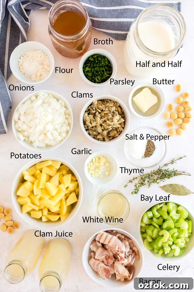 Classic New England Clam Chowder Recipe from Scratch 4 New England Clam Chowder ingredients on a white marble surface.